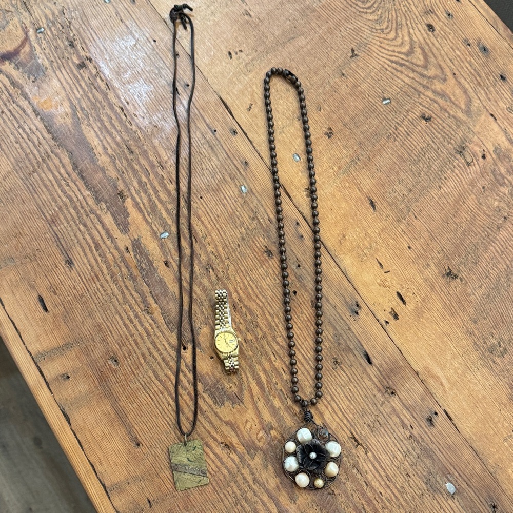 Seiko Gold Watch with Black and White Necklaces